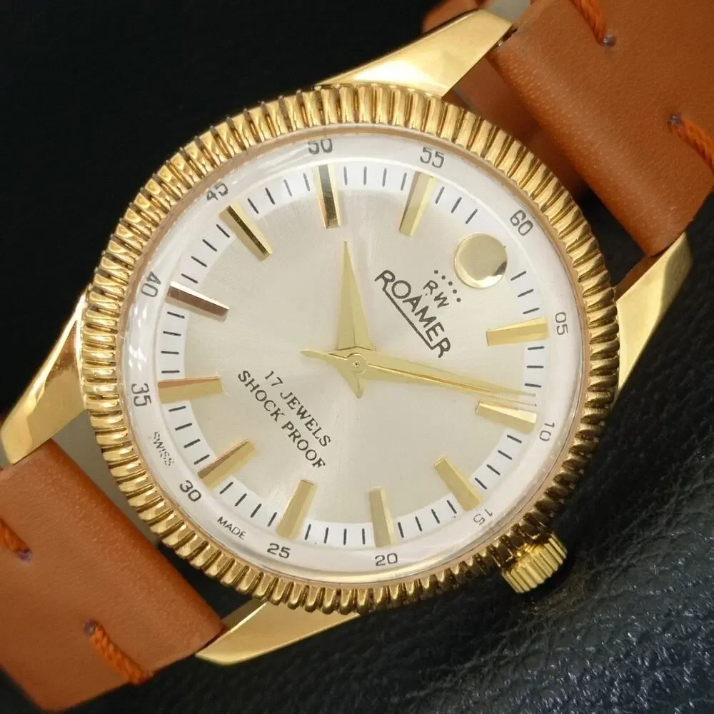 Vintage 1973 Roamer Manual Mens Gold Watch W/Leather Strap & Silver accents